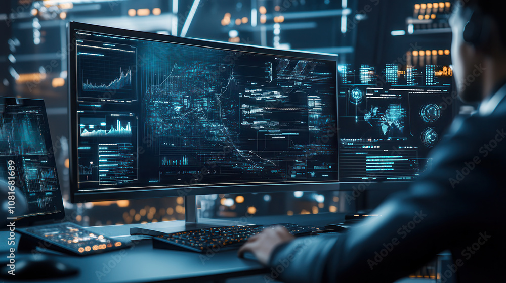 person working at high tech workstation with multiple screens displaying data and analytics, creating futuristic atmosphere person working at high tech workstation with multiple screens displaying data and analytics, creating futuristic atmosphere