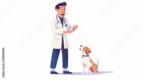 A compassionate veterinarian engages with a small dog, highlighting essential veterinary tools against a white backdrop.