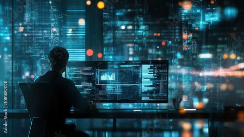 Wallpaper Mural person working on computer in futuristic office with digital data visualizations and glowing cityscape. atmosphere conveys sense of innovation and technology Torontodigital.ca