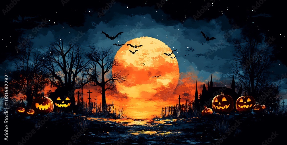 Moonlit sky with bats and pumpkin glow. Moonlit sky with bats and pumpkin glow.