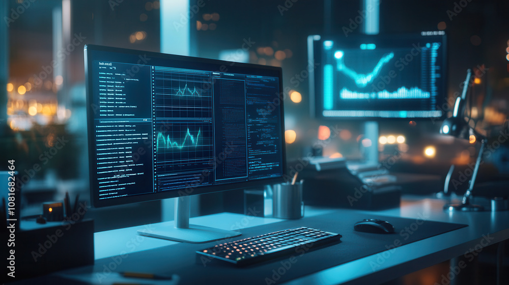 High tech workspace with dual monitors displaying data analytics and graphs. modern office environment is illuminated by city lights at night, creating dynamic atmosphere High tech workspace with dual monitors displaying data analytics and graphs. modern office environment is illuminated by city lights at night, creating dynamic atmosphere