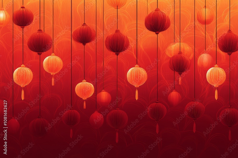 Fototapeta premium Chinese New Year lanterns with orange outlines on red background, simple and clean design with a three-dimensional festive atmosphere for Lunar New Year celebration.