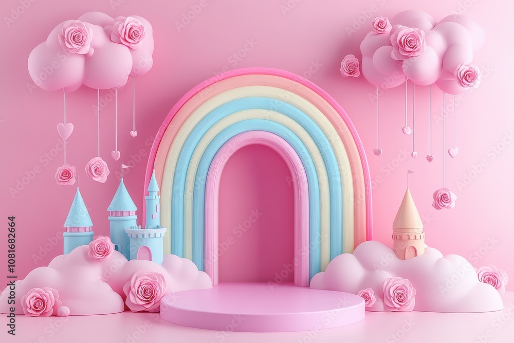 A pink background with a rainbow arch and pink flowers A pink background with a rainbow arch and pink flowers