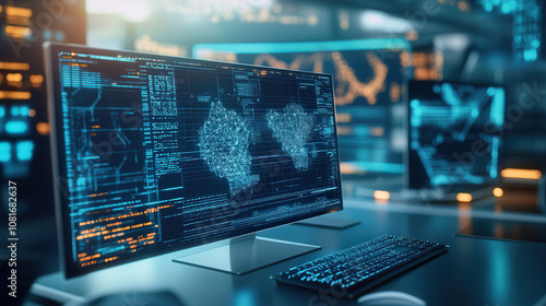 High tech computer setup displaying data visualization and analytics. screen shows interconnected data points and graphs, emphasizing technology and innovation in modern workspace