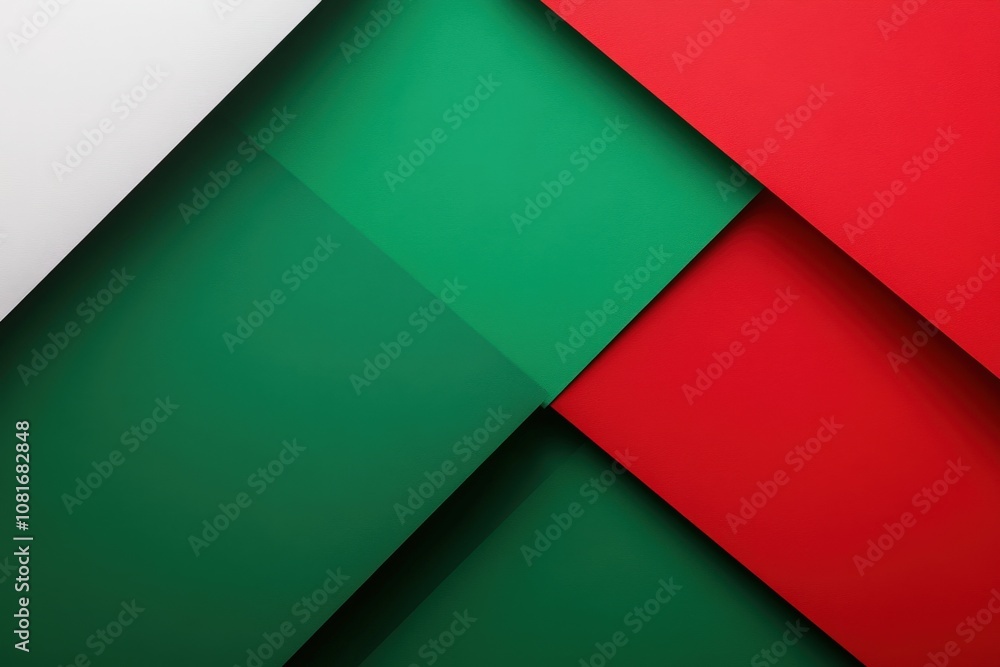 Abstract composition of colored paper layers in green, red, and white. Abstract composition of colored paper layers in green, red, and white.