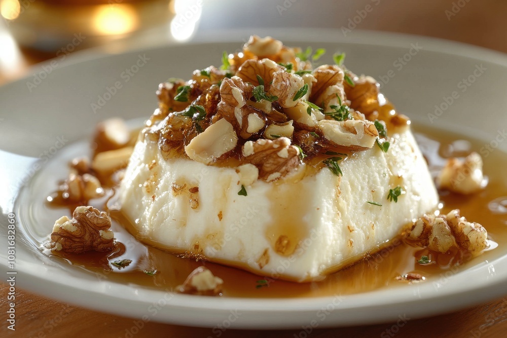 A dessert with nuts and syrup on top of a white plate A dessert with nuts and syrup on top of a white plate