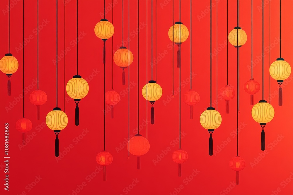 Fototapeta premium Chinese New Year lanterns with orange outlines on red background, simple and clean design with a three-dimensional festive atmosphere for Lunar New Year celebration.