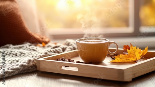 A cozy setup with a steaming cup of hot cider on a wooden tray, with a knit blanket and autumn leaves nearby, embodying the essence of slow, cozy moments.