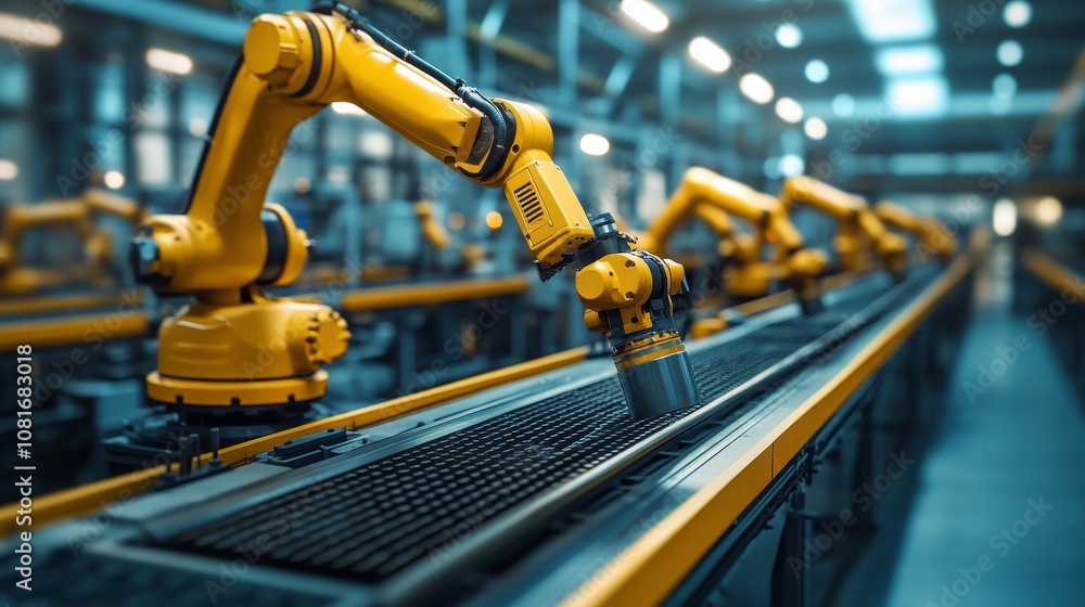 Industrial Robots Working on an Assembly Line in a Factory Industrial Robots Working on an Assembly Line in a Factory