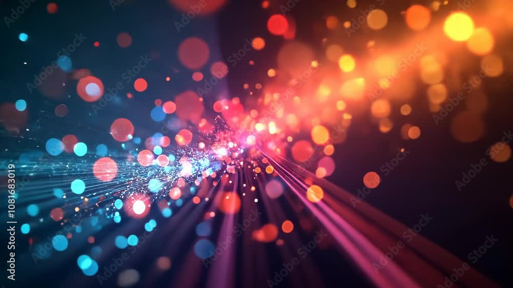 Dynamic graphic illustration of exploding stardust in a cosmic phenomenon with a colorful blend of star-like particles and light streaks.