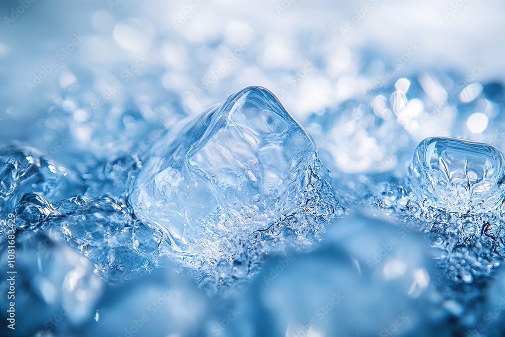 Discover the beauty of ice cubes captured in a refreshing splash of clear water Discover the beauty of ice cubes captured in a refreshing splash of clear water
