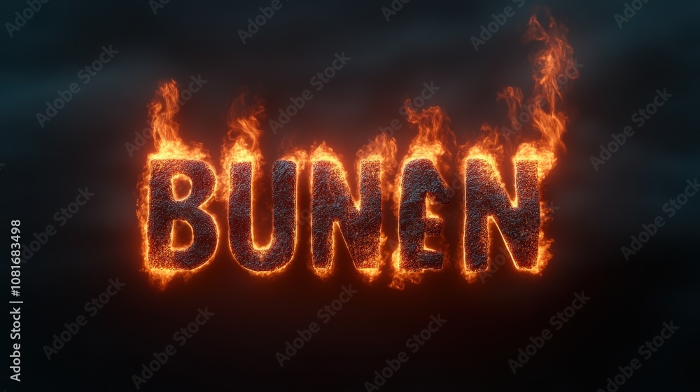 The fiery display of the word 'BUNEN' creates a dramatic visual impact. The fiery display of the word 'BUNEN' creates a dramatic visual impact.