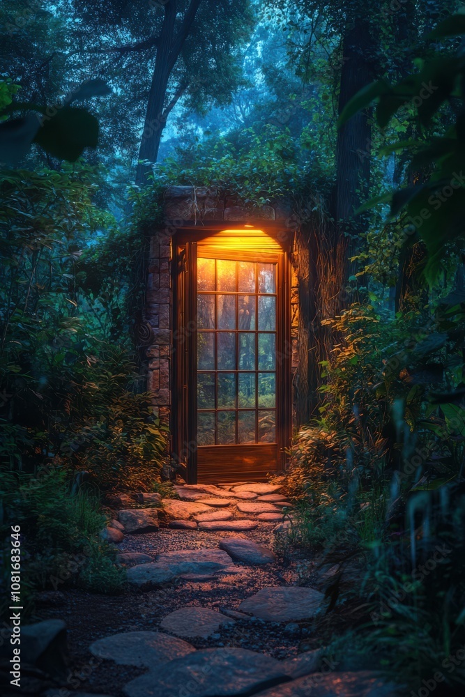 A small, dark, wooden door is lit up by a light A small, dark, wooden door is lit up by a light