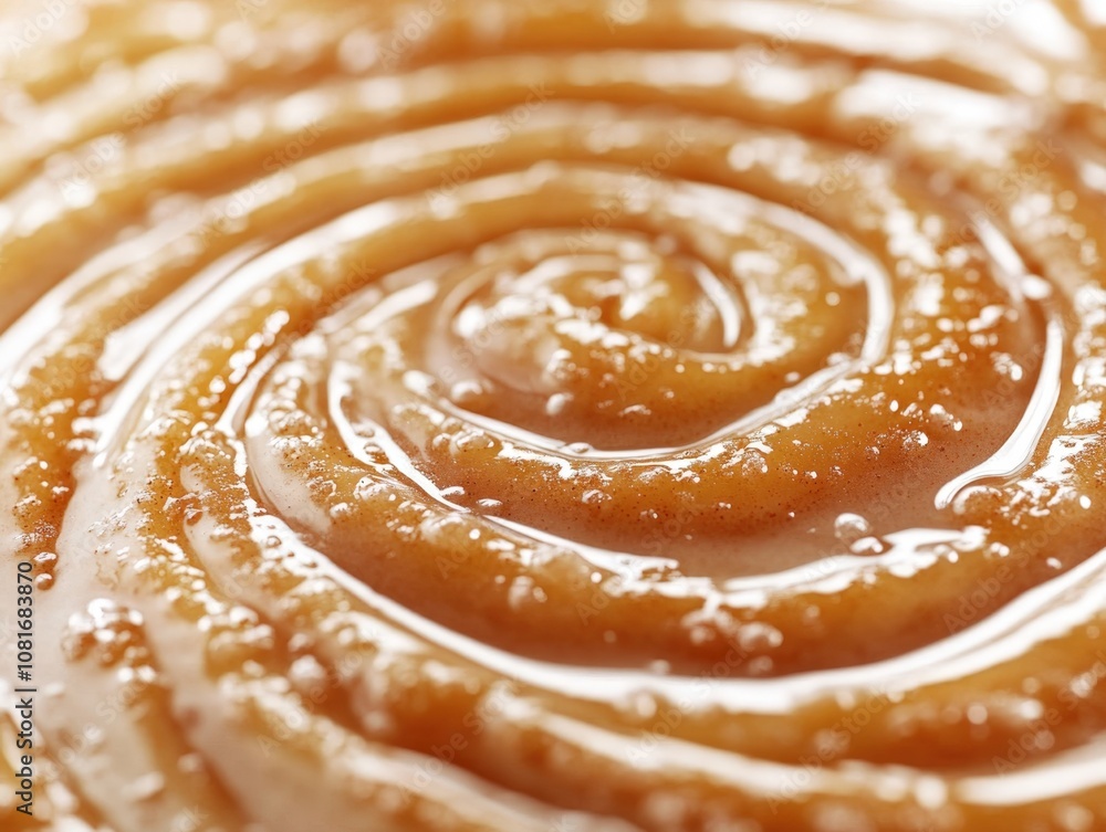 Close-up of a smooth, golden syrup swirling in a circular pattern. Close-up of a smooth, golden syrup swirling in a circular pattern.