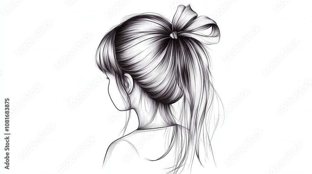 simplistic black and white illustration of girl with hair bow, showcasing ponytail hairstyle. elegant lines create soft and delicate appearance simplistic black and white illustration of girl with hair bow, showcasing ponytail hairstyle. elegant lines create soft and delicate appearance