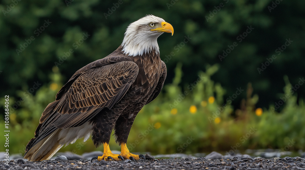 Naklejka premium Eagle with wings slightly raised, regal stance, high contrast lighting, black backdrop