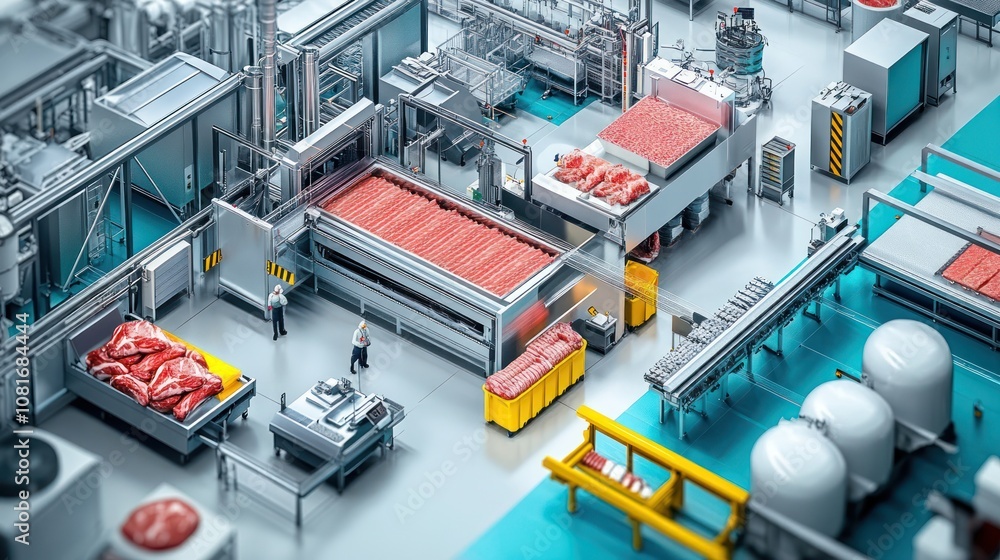 An overhead view of a meat processing factory with workers and machinery. An overhead view of a meat processing factory with workers and machinery.
