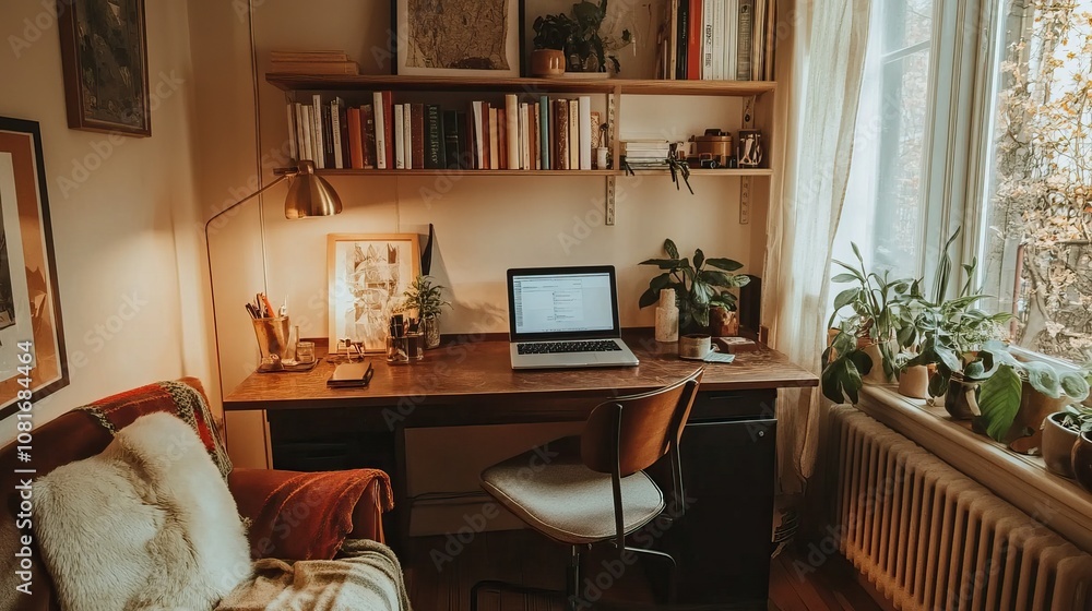 Fototapeta premium Compact home office setup with small desk, laptop, cozy chair, and shelf with books and decor 