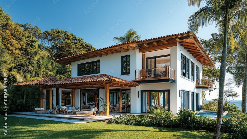 Fototapeta premium modern beach house in Brazil, showcasing white walls with wooden accents and a light wood shingled roof