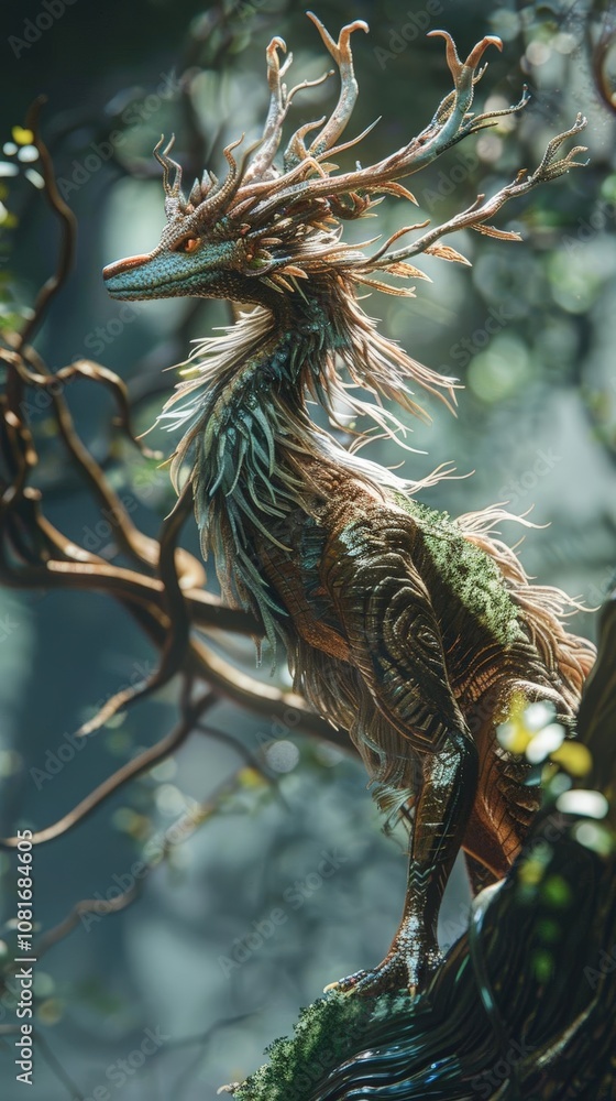 Capture the side view of majestic mythical creatures in a mystical forest Capture the side view of majestic mythical creatures in a mystical forest