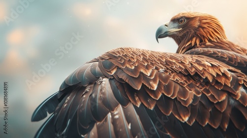 A detailed close-up of an eagle's feathers, showing the intricate texture and brown hues, with a soft sky background that fades out of focus. photo