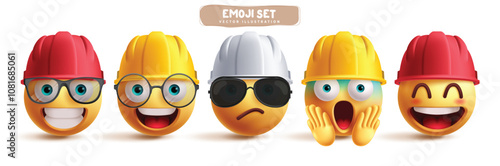 Engineer emoji characters vector set. Engineer builder emoticons in happy, cute, shocked, smiling and shocked facial expression for graphic elements collection. Vector illustration 3d icon 