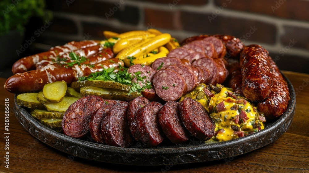 A plate of gourmet sausages paired with mustard, pickles, and pretzels, evoking flavors of an Oktoberfest celebration. A plate of gourmet sausages paired with mustard, pickles, and pretzels, evoking flavors of an Oktoberfest celebration.