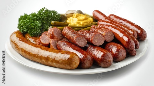 A plate of gourmet sausages paired with mustard, pickles, and pretzels, evoking flavors of an Oktoberfest celebration.