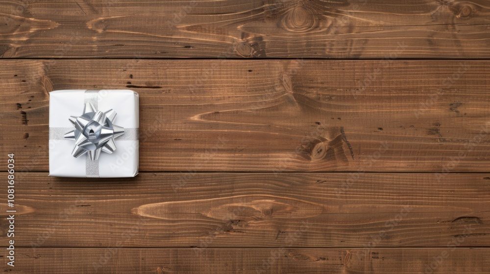 White gift box with a silver bow on a rustic wooden background. White gift box with a silver bow on a rustic wooden background.