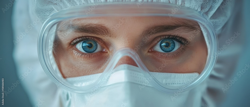 Close-up of a healthcare professional in protective gear, emphasizing safety and vigilance. Close-up of a healthcare professional in protective gear, emphasizing safety and vigilance.