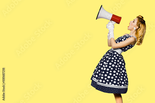 Image - happy pin up woman shout mega phone megaphone advertisement. Pinup girl advertise by loudspeaker bullhorn isolate yellow background. Mockup free text place. Black Friday Sale concept. Profile