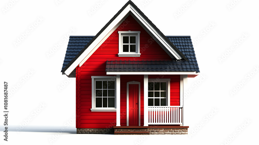 3D Render of a Charming Red House with a Porch and Dark Gray Roof, Isolated on White Background 3D Render of a Charming Red House with a Porch and Dark Gray Roof, Isolated on White Background
