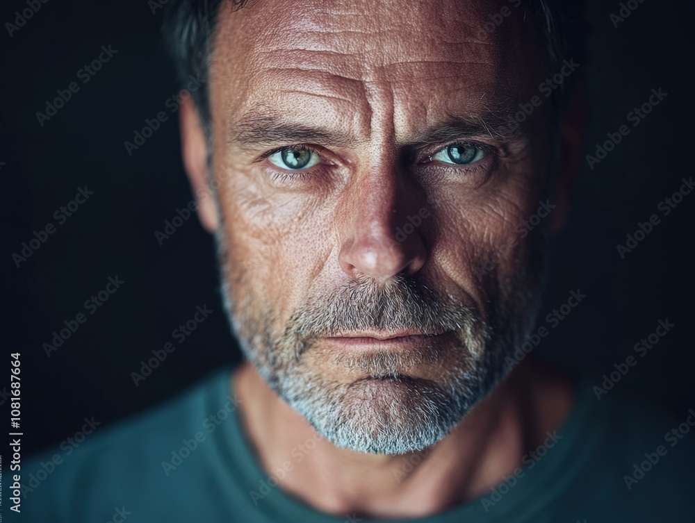 Fototapeta premium A close-up portrait of a mature man with striking blue eyes and a contemplative expression.