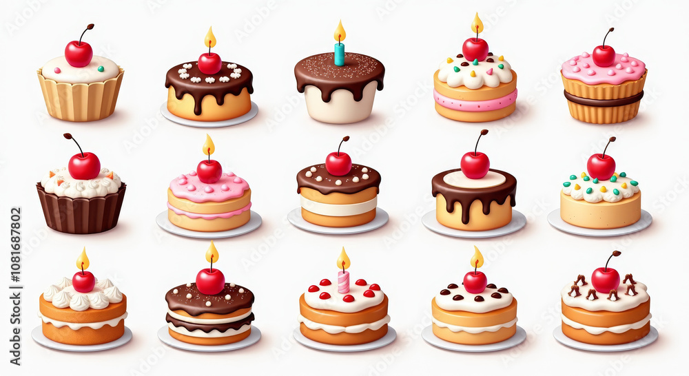 Delicious Birthday Cupcake Collection Illustration with Cherries and Candles for Celebrations and Party Decorations Delicious Birthday Cupcake Collection Illustration with Cherries and Candles for Celebrations and Party Decorations