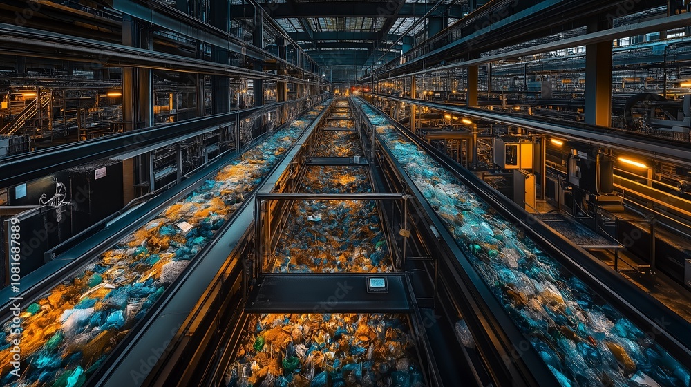 A sustainable manufacturing plant where recycled materials are turned into new, eco-friendly products. A sustainable manufacturing plant where recycled materials are turned into new, eco-friendly products.