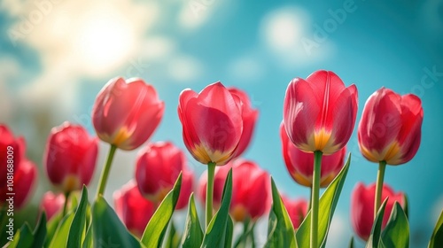 A group of pink tulips bloom in a field against a bright blue sky with white clouds.