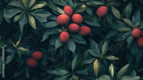 Lychee tree with clusters of ripe fruit surrounded by green leaves photo