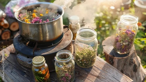 Pot with boiling water and healing herbs is standing on a stove in the garden, surrounded by glass jars filled with dried flowers and plants