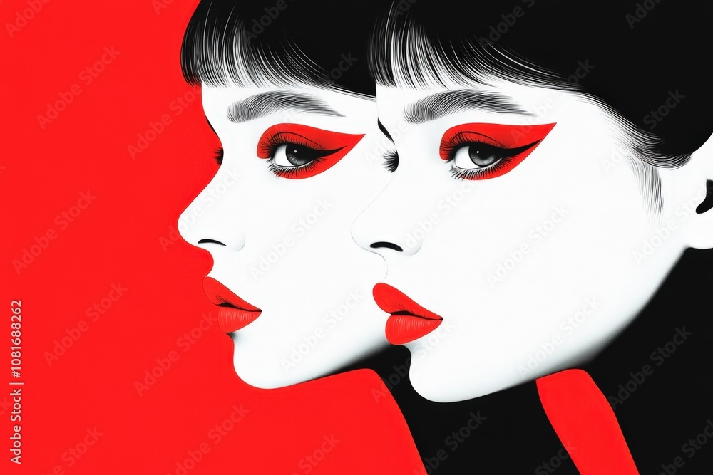 A striking illustration of two profiles with bold makeup against a vibrant red background. A striking illustration of two profiles with bold makeup against a vibrant red background.