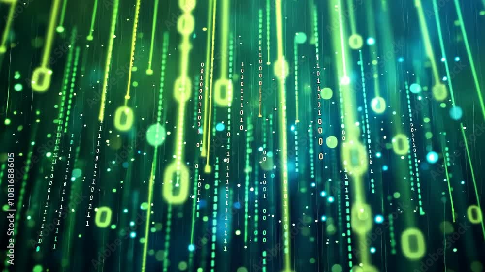 Digital binary code with green bokeh lights. Abstract data stream visualization for concept of cybersecurity and information technology. Digital binary code with green bokeh lights. Abstract data stream visualization for concept of cybersecurity and information technology.