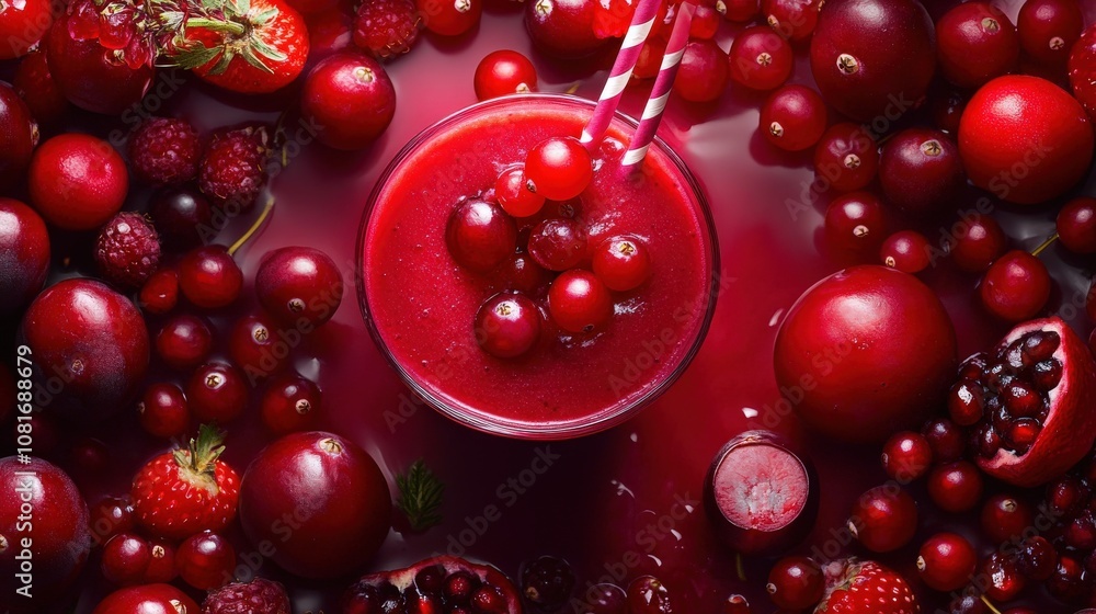 Smoothie with cranberries and other red berries, creating a vibrant color Smoothie with cranberries and other red berries, creating a vibrant color