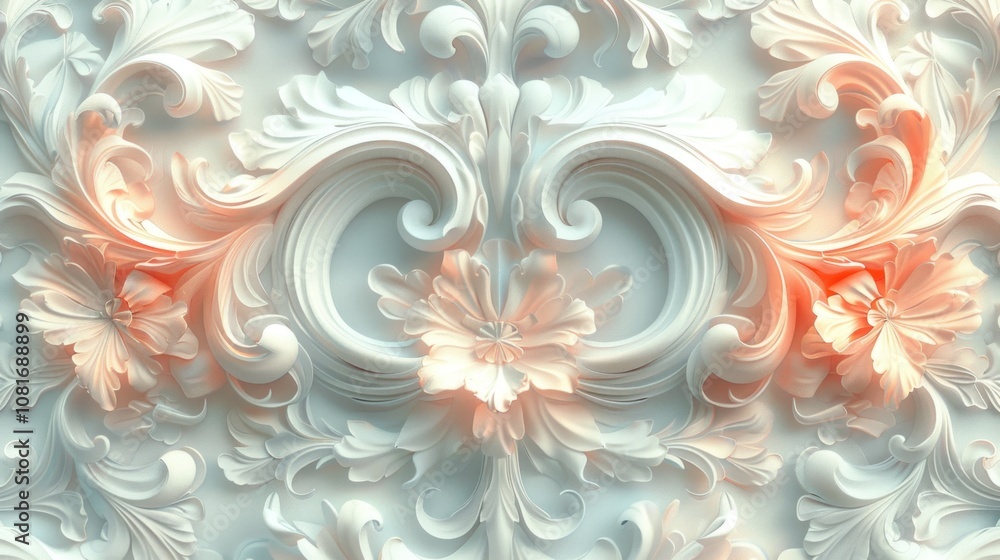 A harmonious fusion of classical Baroque scrollwork with modern, geometric shapes, rendered in soft pastel tones for a balanced and visually engaging effect. A harmonious fusion of classical Baroque scrollwork with modern, geometric shapes, rendered in soft pastel tones for a balanced and visually engaging effect.