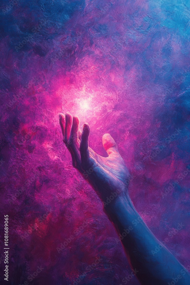 A hand is reaching out towards a glowing red object in a purple background A hand is reaching out towards a glowing red object in a purple background