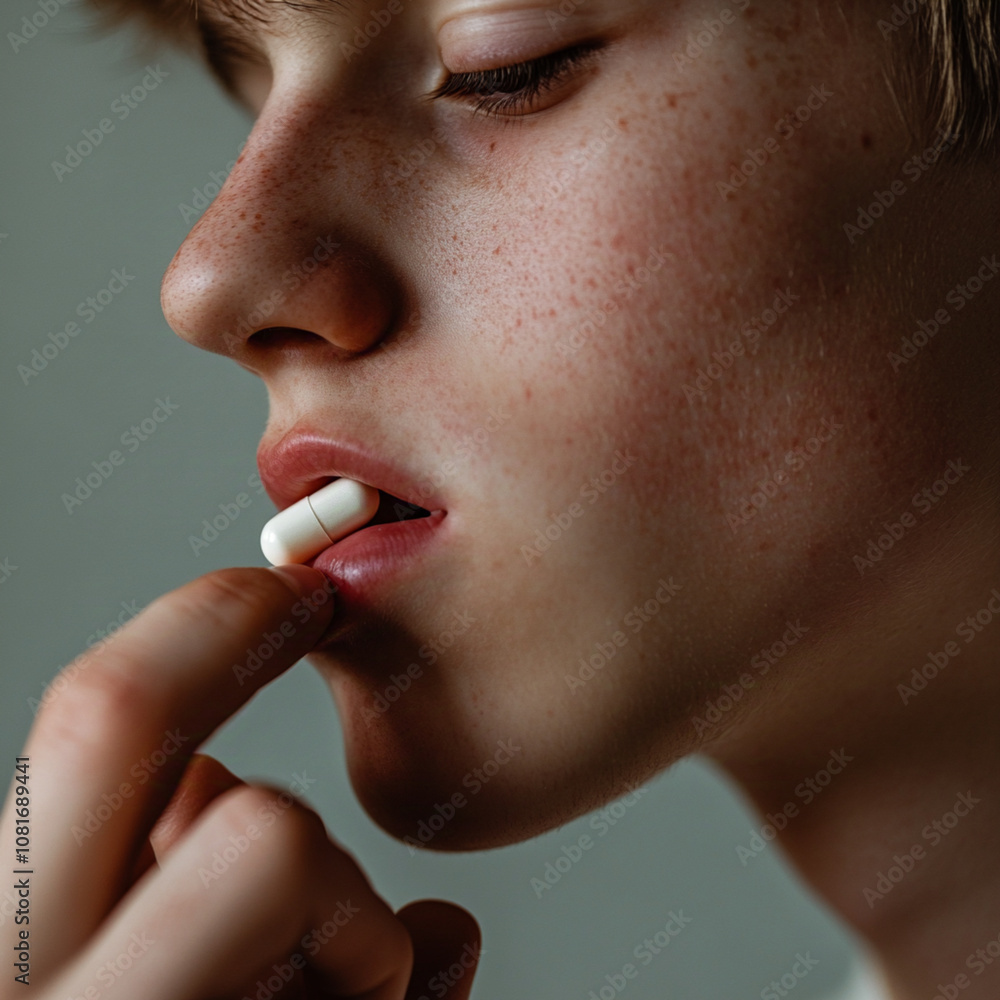 a close up profile shot of a white teenage boy popping a pill into his mouth. a close up profile shot of a white teenage boy popping a pill into his mouth.
