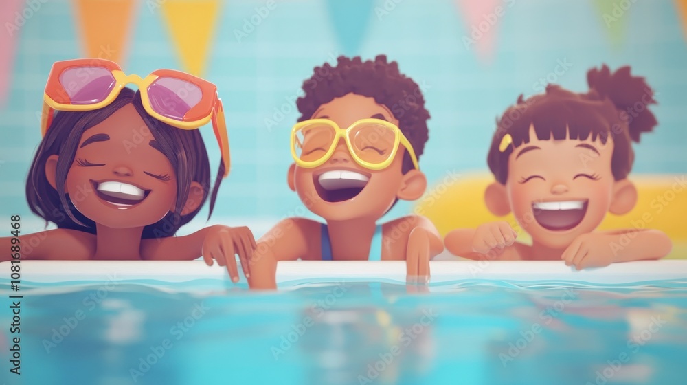 Three Smiling Kids Enjoying Summer by the Pool Three Smiling Kids Enjoying Summer by the Pool