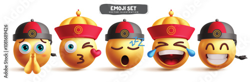 Chinese emoji characters vector set. China asian emperor emojis clip art character in begging, kiss, sleeping, joyful and smiling facial expression wearing guan hat collection. Vector illustration 