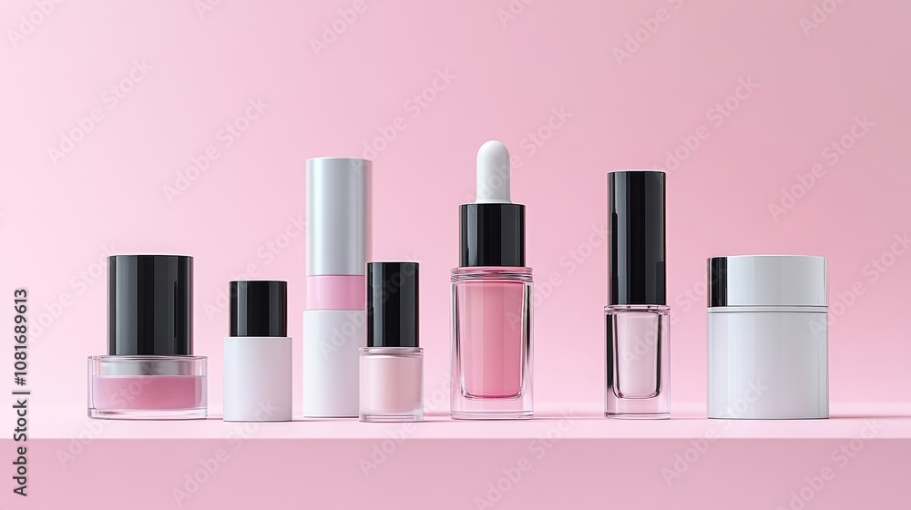 A Row of Pink and White Cosmetics Bottles on a Pink Background A Row of Pink and White Cosmetics Bottles on a Pink Background
