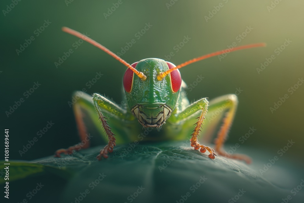 A close-up view of a vibrant green grasshopper on a leaf. A close-up view of a vibrant green grasshopper on a leaf.