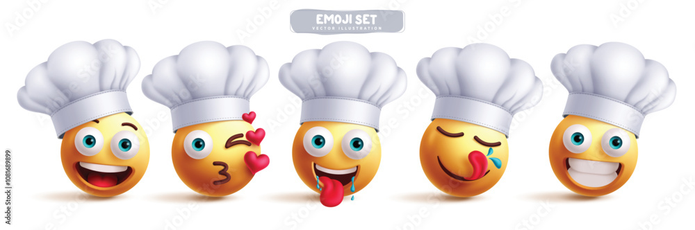 Chef emoji characters vector set. Emojis cook baker clip art character in happy, kissing, cravings, licking and smiling facial expression wearing white toque hat collection. Vector illustration 3d Chef emoji characters vector set. Emojis cook baker clip art character in happy, kissing, cravings, licking and smiling facial expression wearing white toque hat collection. Vector illustration 3d