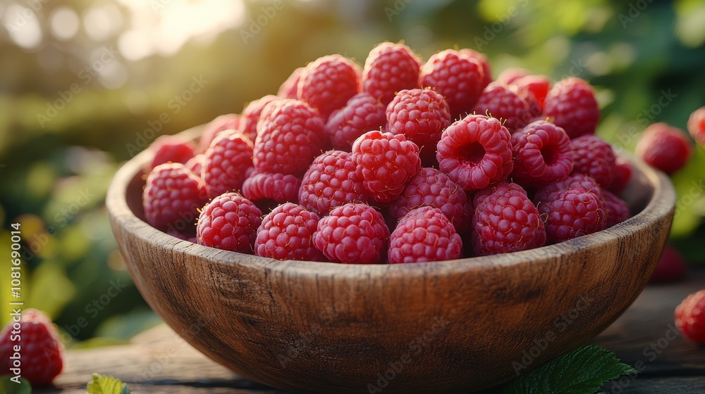 A bowl of red raspberries on a wooden table A bowl of red raspberries on a wooden table